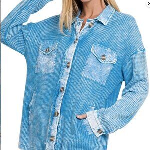 Zenana Outfitters BLUE Waffle Mineral Wash Distressed Button Down Shacket Top